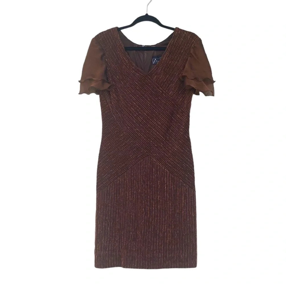 ALEX EVENINGS Vintage Copper Metallic Formal Dress SZ 14 Ruffled Sleeves